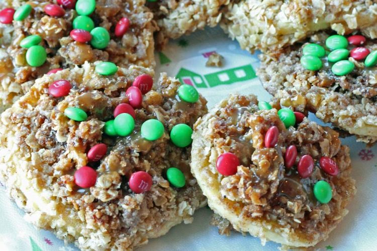 Fried Cinnamon Apples with a crumble topping and caramel and mini M&M’s
