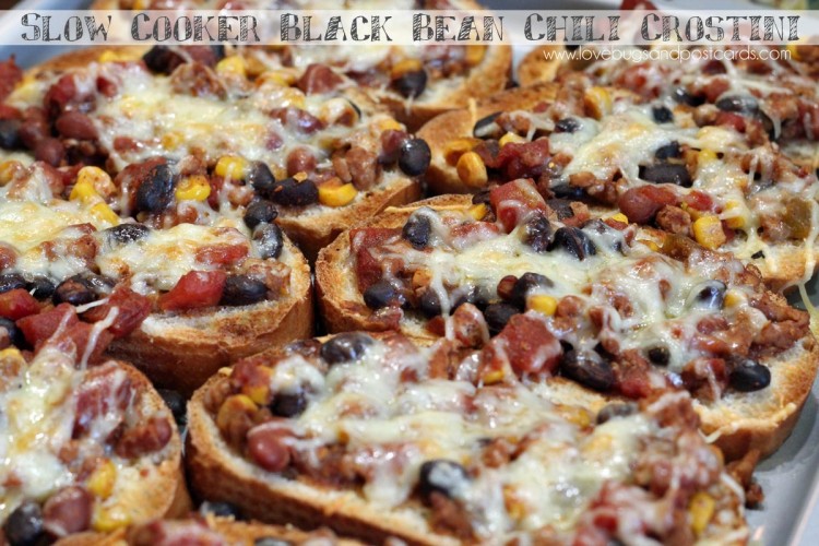Slow Cooker Black Bean Chili Crostini and Raspberry Pineapple Mocktail with Fruit Juice Ice Cubes