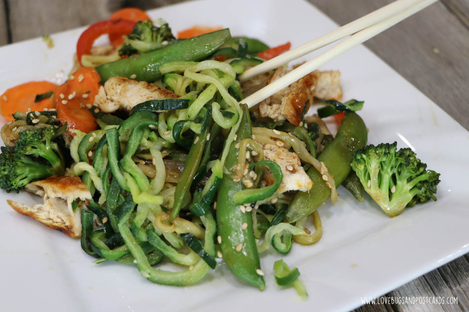 Zucchini Noodle Stir Fry Recipe made with Grilled Chicken 