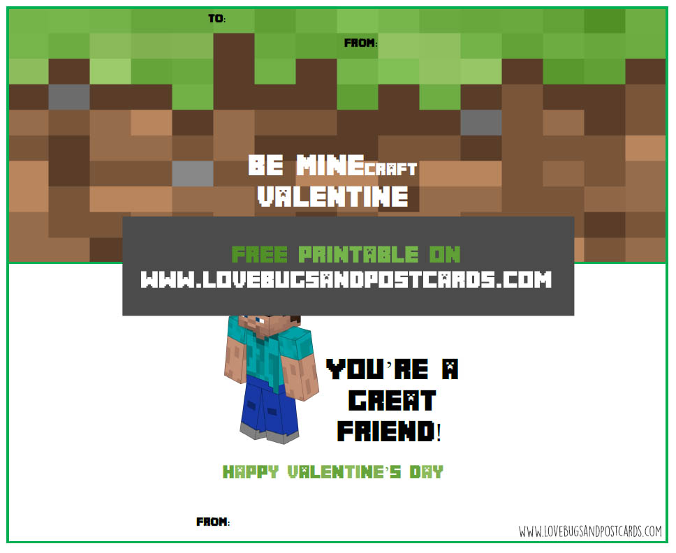 Minecraft Valentine Card Printables - Lovebugs and Postcards