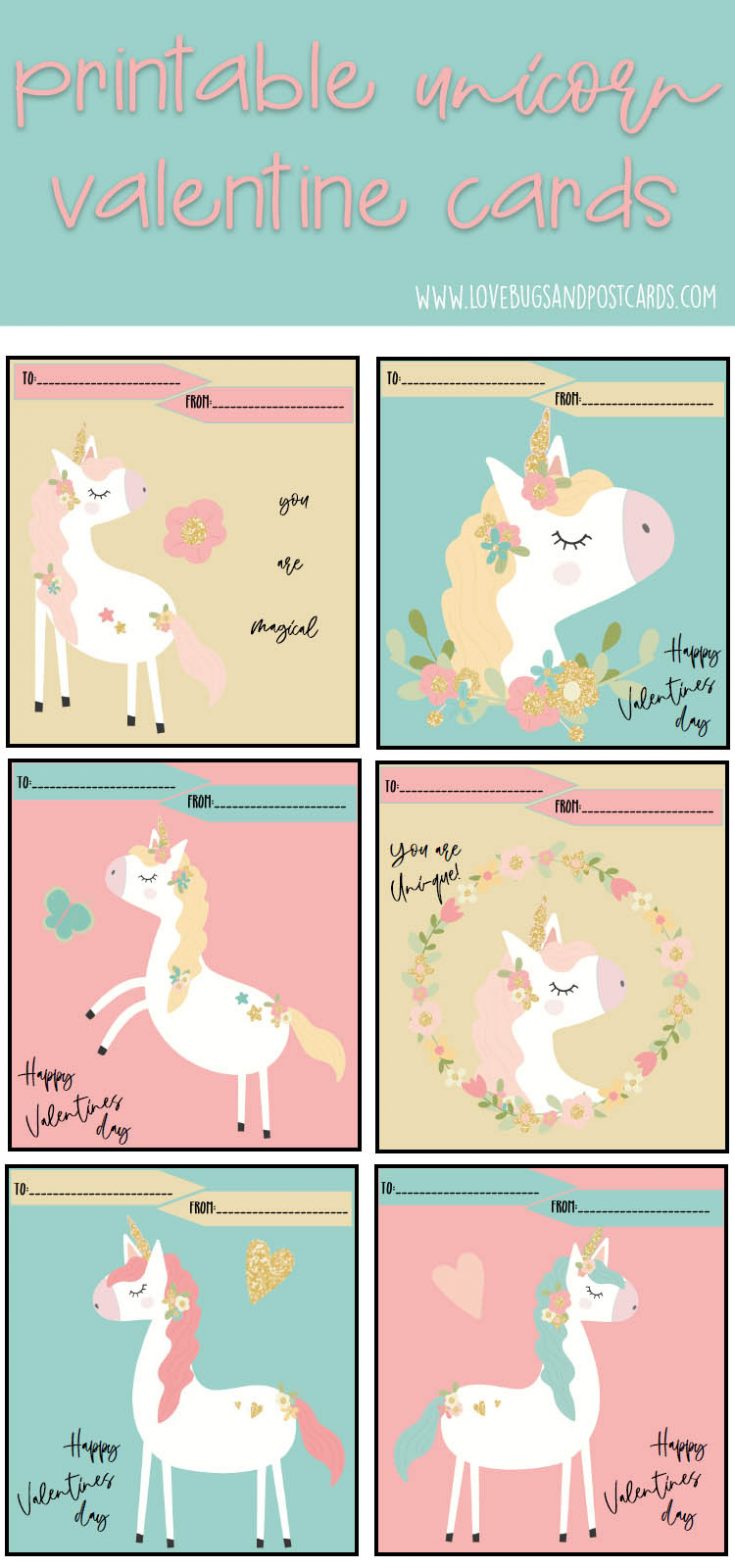 Unicorn Valentine Cards Printable {free} - Lovebugs and Postcards