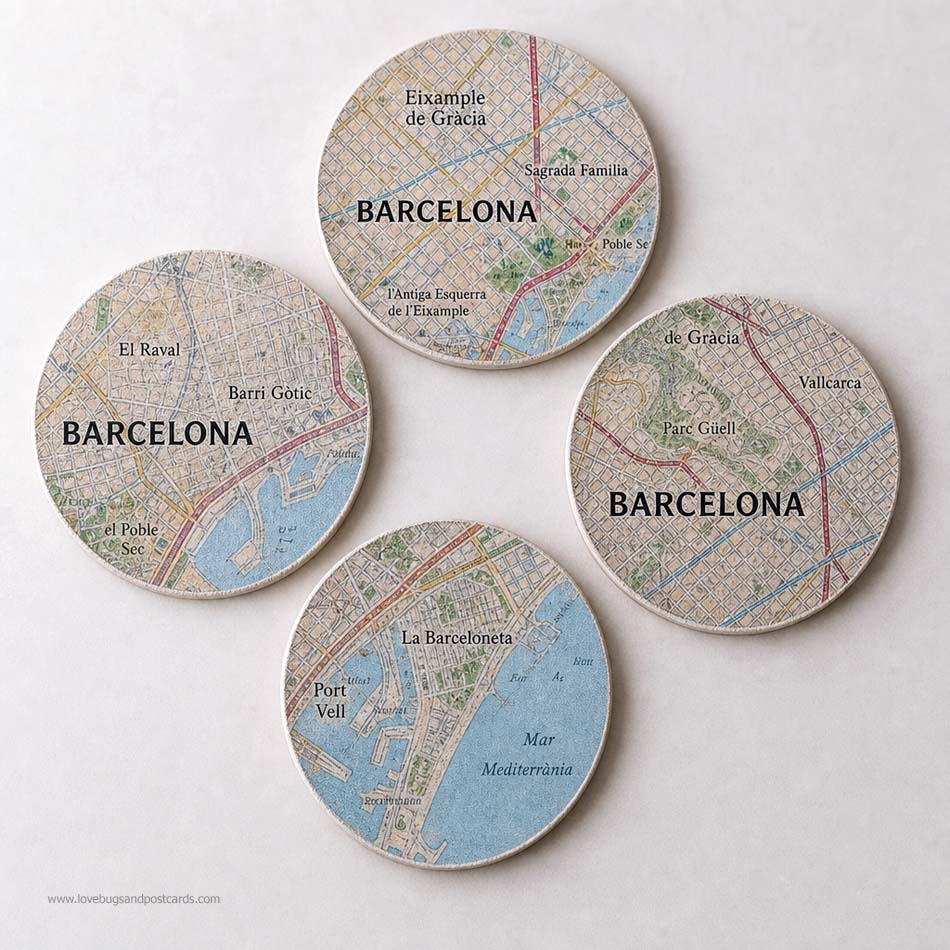 Set of four Barcelona map coasters with detailed city streets and landmarks. - 25 DIY Vacation Souvenirs You Can Make From Your Trip