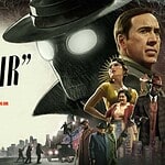 Poster for Spider-Noir series featuring Nicolas Cage and noir-style characters.